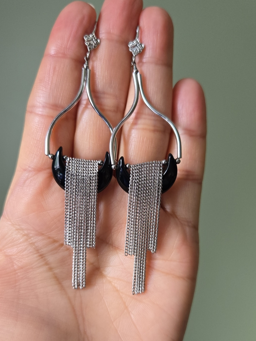 925 Silver Crescent Onyx Tassel Drop Earrings